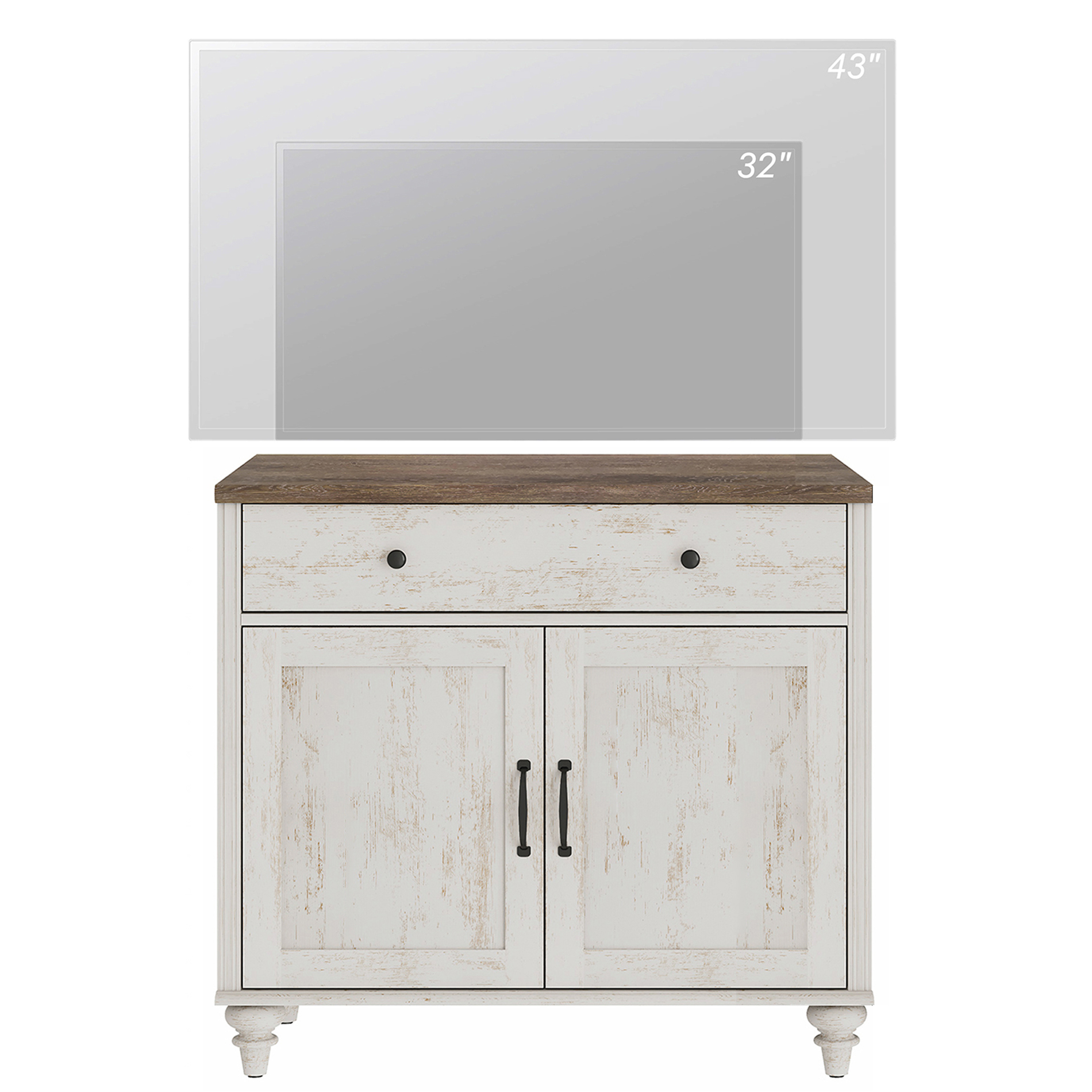 Rustic White Farmhouse TV Stand for 43 inch TV with Drawer & Doors