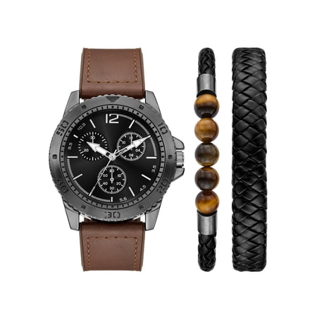 Folio Adult Men's PU Leather Brown 48mm 3pc Wristwatch Set