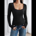 thumbnail image 4 of Camisas de Larga para Mujer, Cuello Cuadrado, Tops Cortos de Punto Acanalado, Conjuntos de Otoño, Ropa de Moda Negro XL, 4 of 9