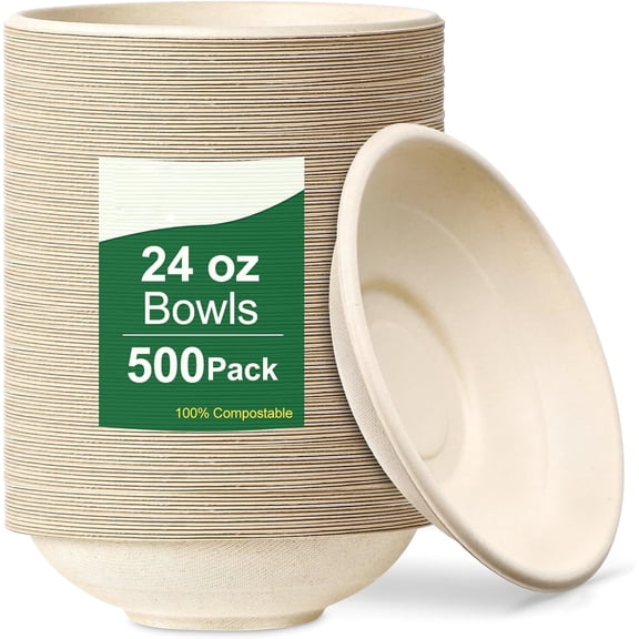 24 Oz Compostable Paper Bowls Heavy-Duty Bulk, 500 pack Natural Sugarcane Fibers Paper Bowls Disposable Bowls, Microwave Safe Bowls For Salad