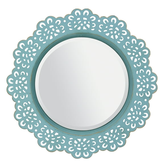 CKK Industrial LTD Stonebriar Round Decorative Metal Lace Hanging Wall Mirror with Attached Hanger, Blue with Brass Highlights