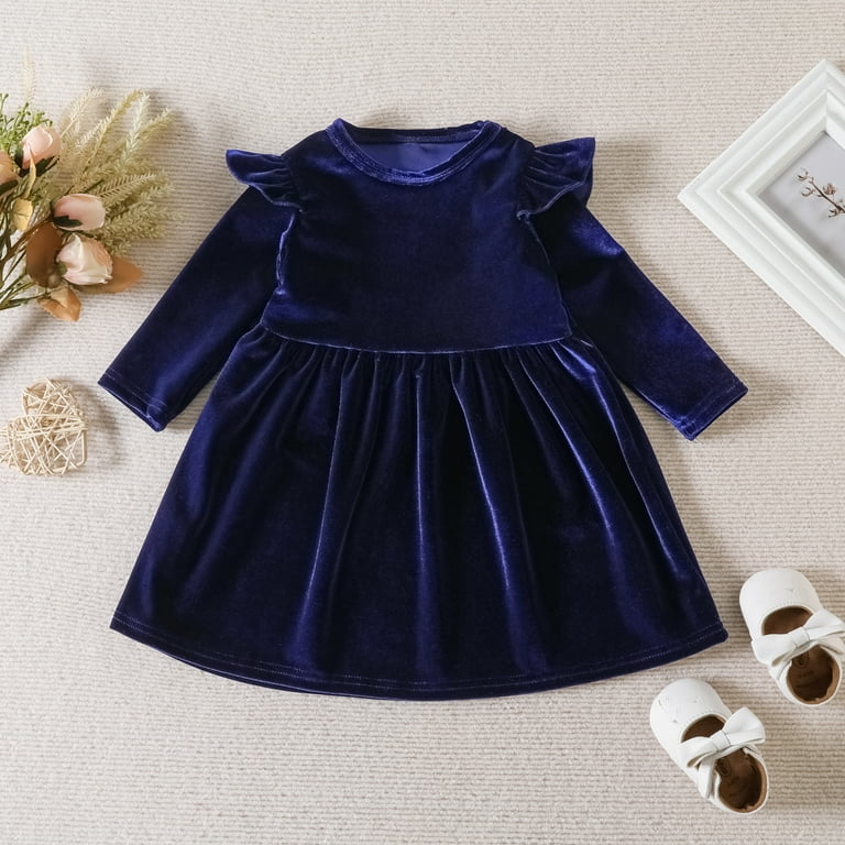 18 month navy blue dress OBEEII Toddlers Baby Girls Fall Long Sleeve Solid Color Ruffled Velvet Dress  Baby Girls Cake Smash Dress Wedding Flower Girl Dress 12-18 Months Navy Blue