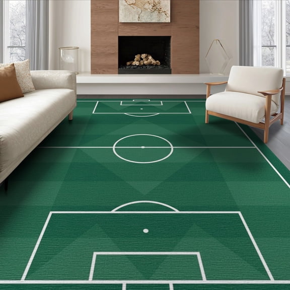 ODIKA 8'x10' Washable Area Rug Stadium Lines Center Circle Durable Interactive Football Soccer Field Playful for Living Room, Under Sectional, Family , Non-Slip