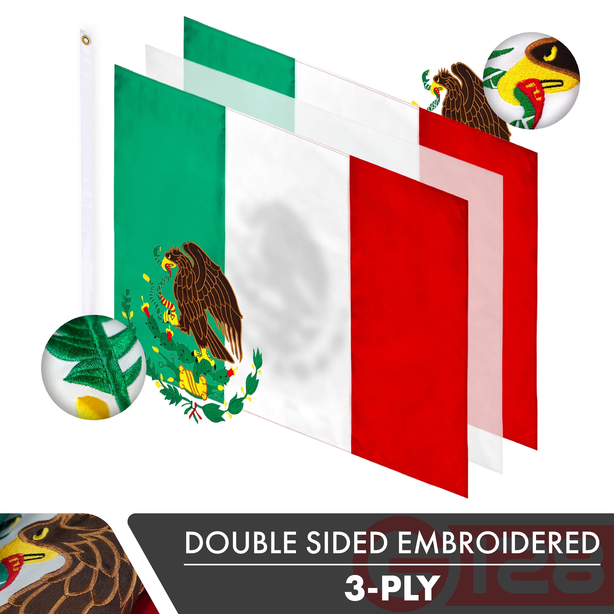 G128 - Mexico Mexican Flag | 3x5 feet | Double Sided Embroidered 210D - Indoor/Outdoor, Brass Grommets, Heavy Duty Polyester