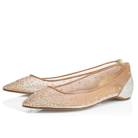 

XYD Women Rhinestones Studded Mesh Pointy Closed Toe Ballet Flats Slip On Dress Bride Shoes Size 10.5 Nude Silver