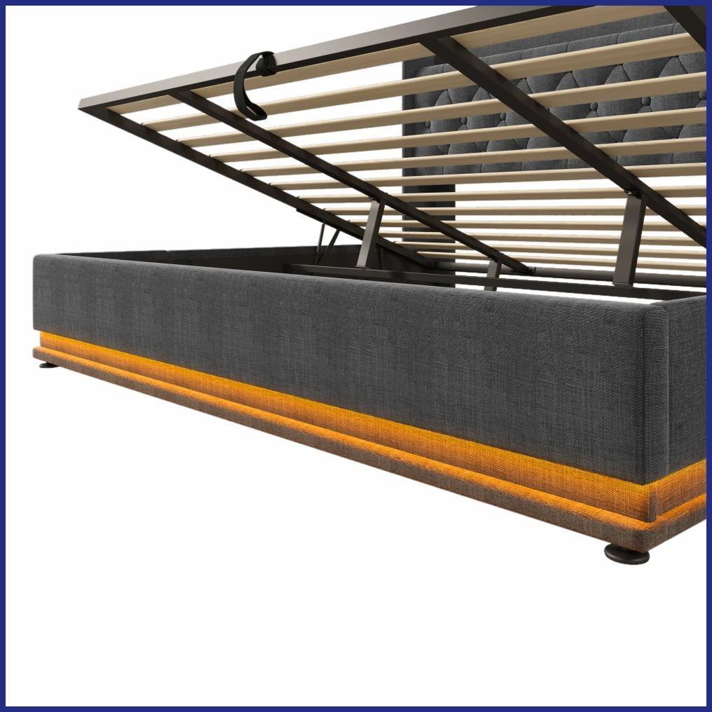 King Size Linen Upholstered Hydraulic Storage Bed Frame with 360 LED & USB-C, Gray, No Box Spring Needed for Master Bedroom