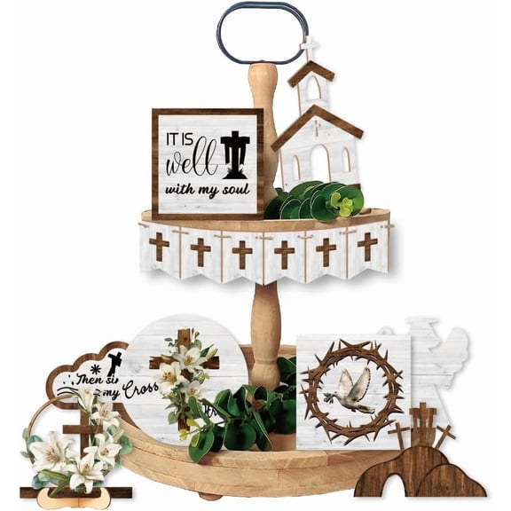 14 Pieces Christian Sign Tiered Tray Decor Easter Tabletop Signs Decorative Trays Table Top Decor