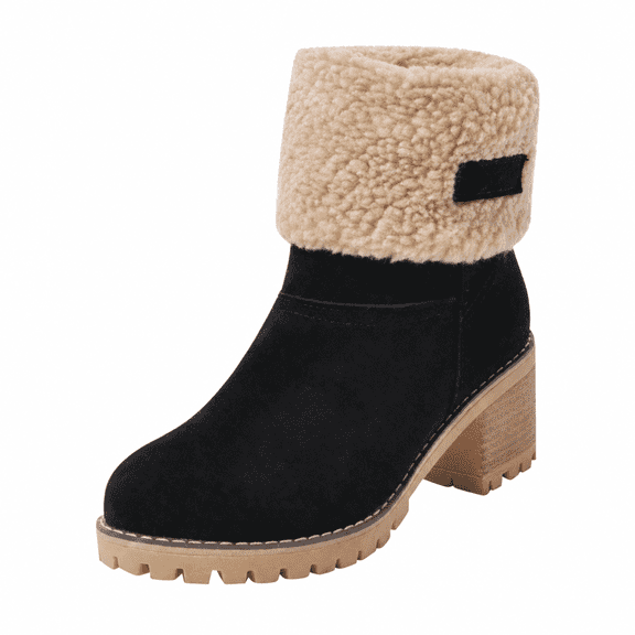 Women's Suede-Look Mid Calf Boots, Warm Fur Trim Chunky Heel Pull On Winter Booties