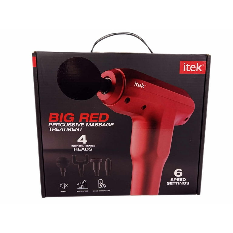Itek Big Red Percussive Rechargeable Lightweight Massage Treatment Gun, 4  Heads, 6 Speeds
