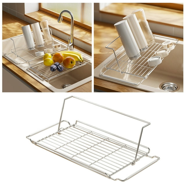 Kitchen Shelf Storage Dish Drainer Rack 2 Way Extendable Dishwasher (17.6 21.8 Inches (44.6 55.4 Cm) Adjustable Water Bottle Collapsible Slip Silicone Stainless Steel