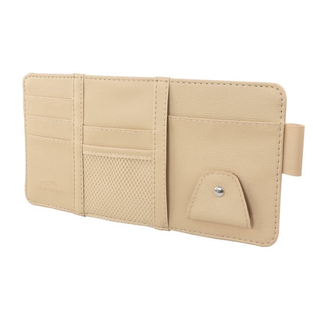 Administrador de visera para coche, soporte para gafas de sol de PU para visera solar para coche, almacenamiento de accesorios interiores, maletín de viaje con múltiples bolsillos (Beige)