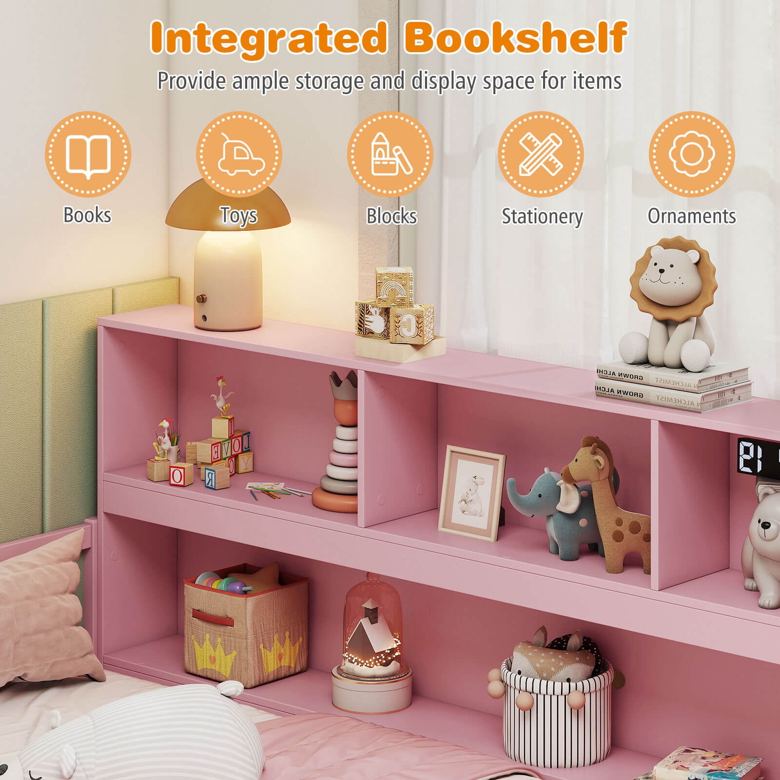 Costway Full Size Montessori Floor Bed with Bookcase Storage Shelves & Safety Fence Rails Pink