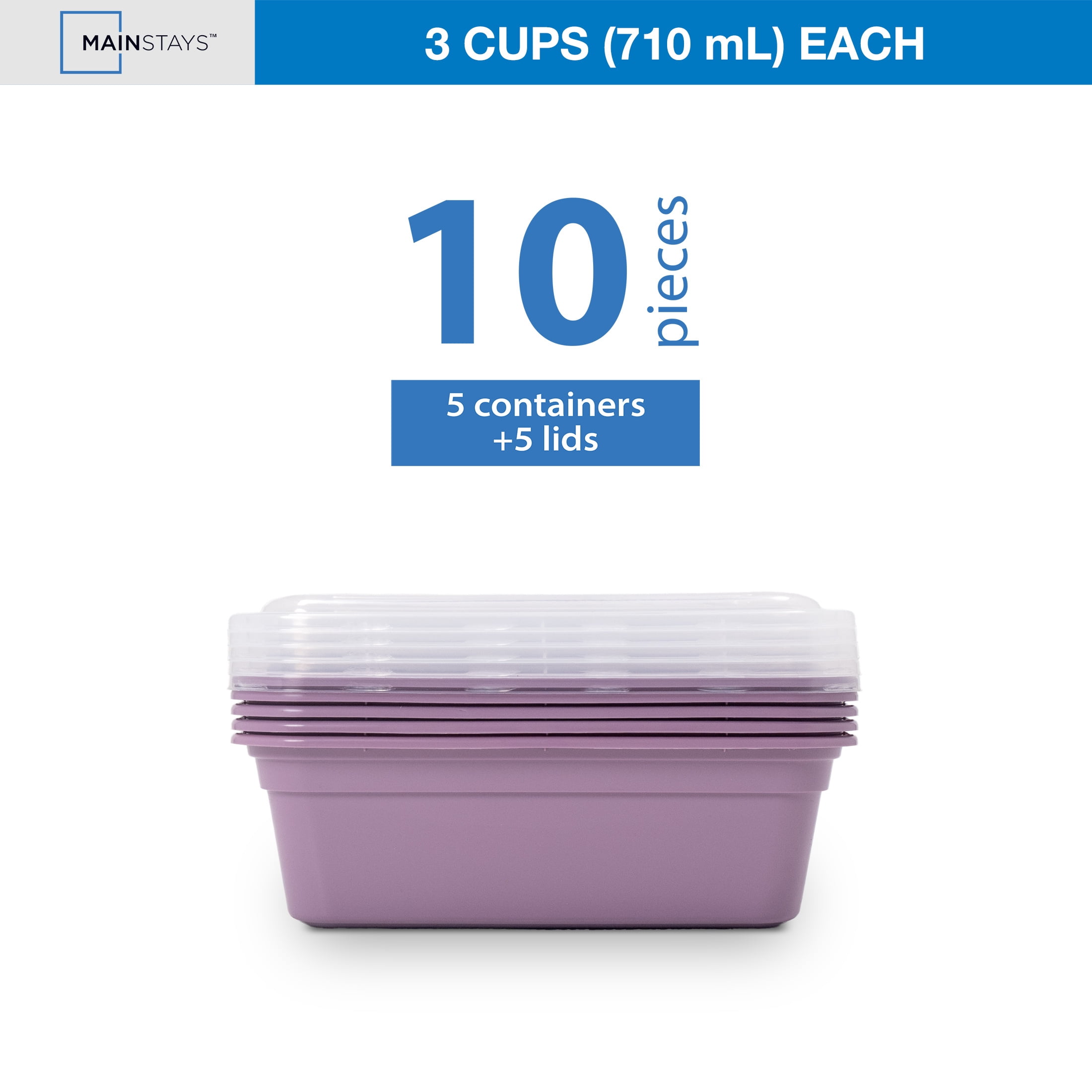 Mainstays 5-Pack 1-Compartment BPA-Free Plastic Snack Meal Prep Food Storage Containers, 3 Cup, Lilac Bloom