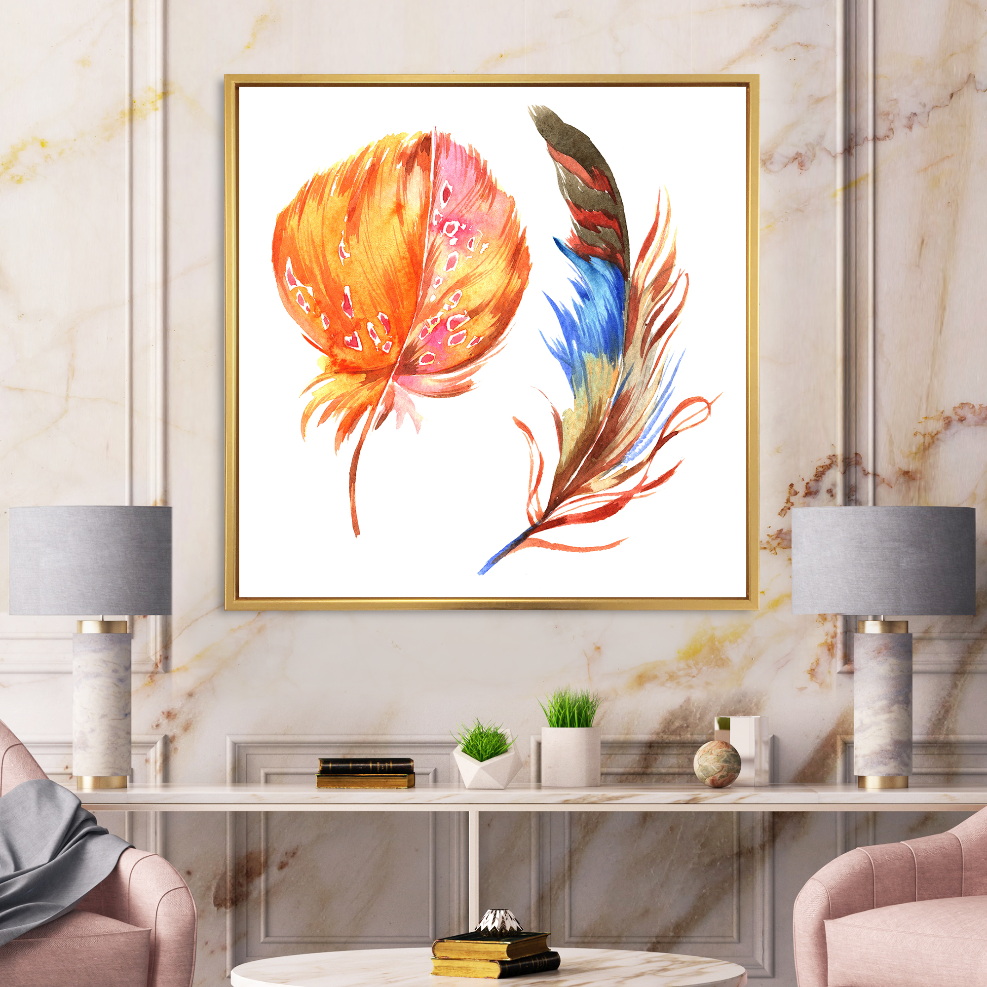 Designart 'Ethnic Brown and Colorful Feather ' Bohemian & Eclectic Framed Canvas Wall Art Print