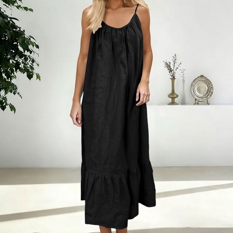 Lokisa Women's Plus Size Linen Backless Dress, Solid Color Loose Fit Spaghetti Strap Maxi Dress, Casual Beach Sundress and Boho Maxi Dress for Summer
