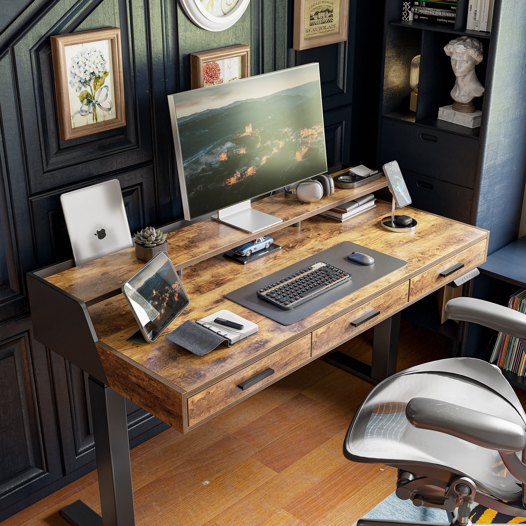 DESINO Electric Adjustable Desk, 3 Drawers & Monitor Shelves DESINO Electric Adjustable Desk, 3 Drawers & Monitor Shelves
