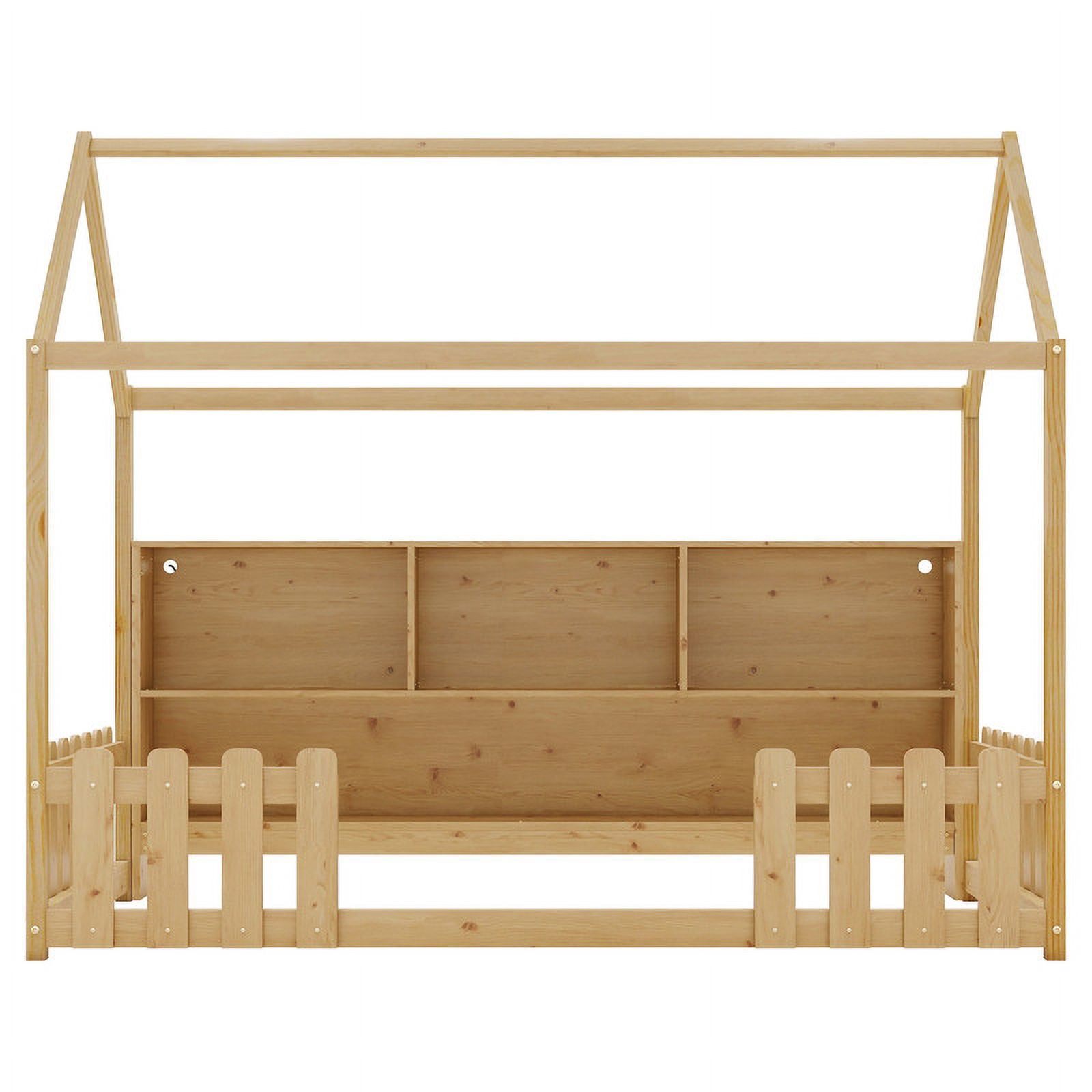 Mirightone Twin Size House Bed frame, Twin Floor Bed with High Rails & Storage Shelves, Montessori Bed with LED Light, Solid Wood House Floor Bed (Natural)