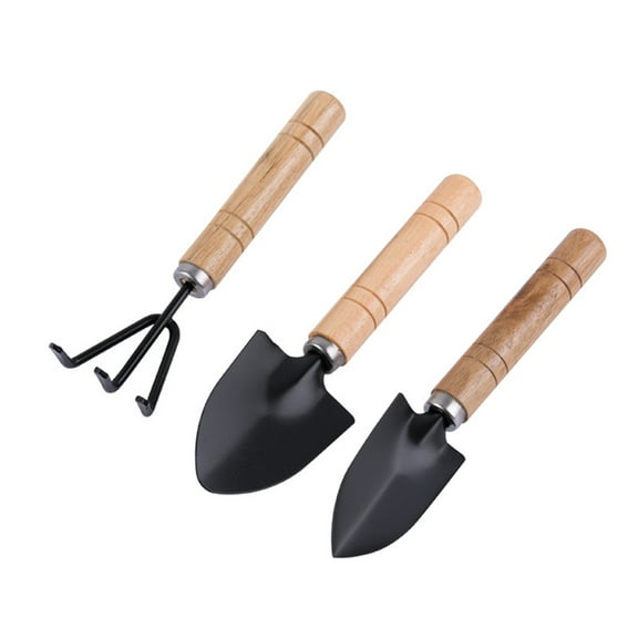 Yucurem Garden Tool Sets 3Pcs Shovel Rake Spade Set Mini Garden Tools Wooden Handle For (L)
