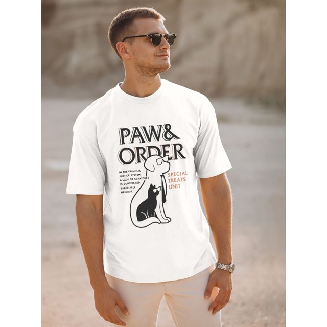 Men's Black Cotton T-Shirt with PAW & ORDER Dog & Cat Graphic Print - Humorous Pet Lover Design, Casual Crew Neck Short Sleeve, Machine Washable Regular Fit Tee for Casual Attire