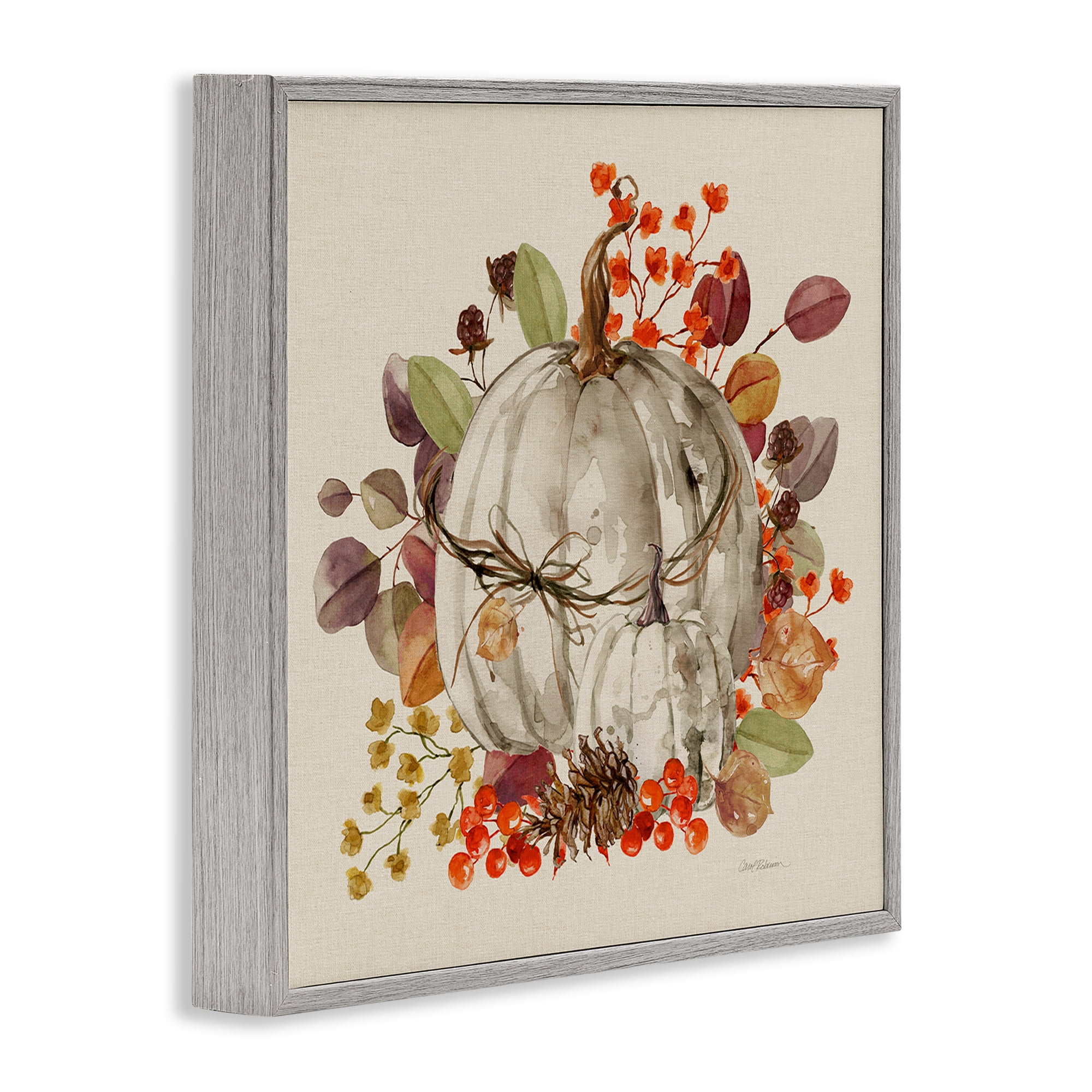Stupell Industries Autumnal Pumpkin Herbs Botanical & Floral Painting Gray Framed Art Prints Wall Art, 17 x 17