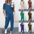 thumbnail image 6 of 2 Piece Women's Tracksuits Short Sleeve Round Neck T Shirt with Drawstring High Waist Jogger Pants Solid Summer Outfits Blue,XXL, 6 of 7