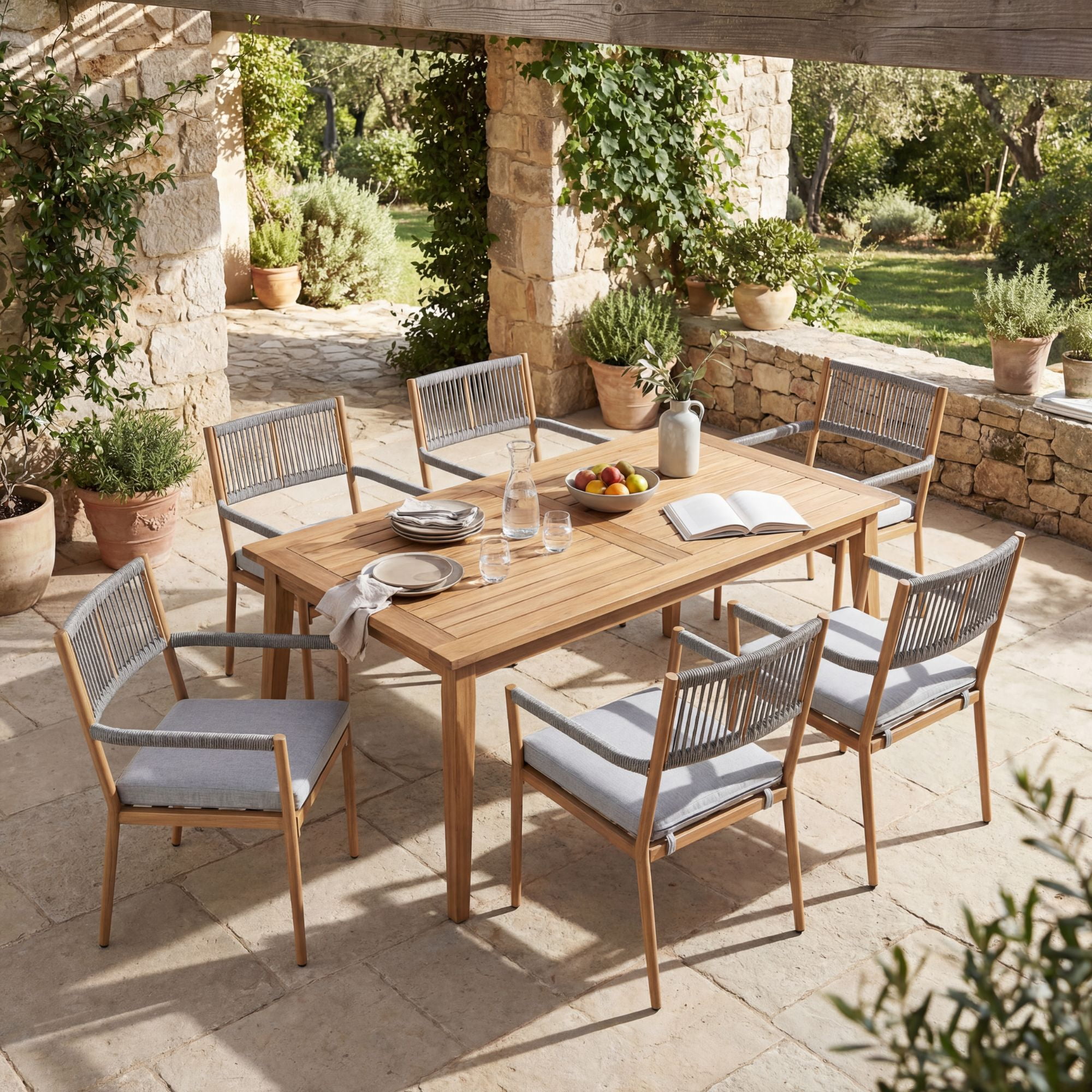 Dayalane Outdoor Dining Chairs Set of 6, Rope Rattan Patio Chairs with Cushions & Armrests, Weather-Resistant Metal Frame for Patio, Balcony/Bistro, Grey