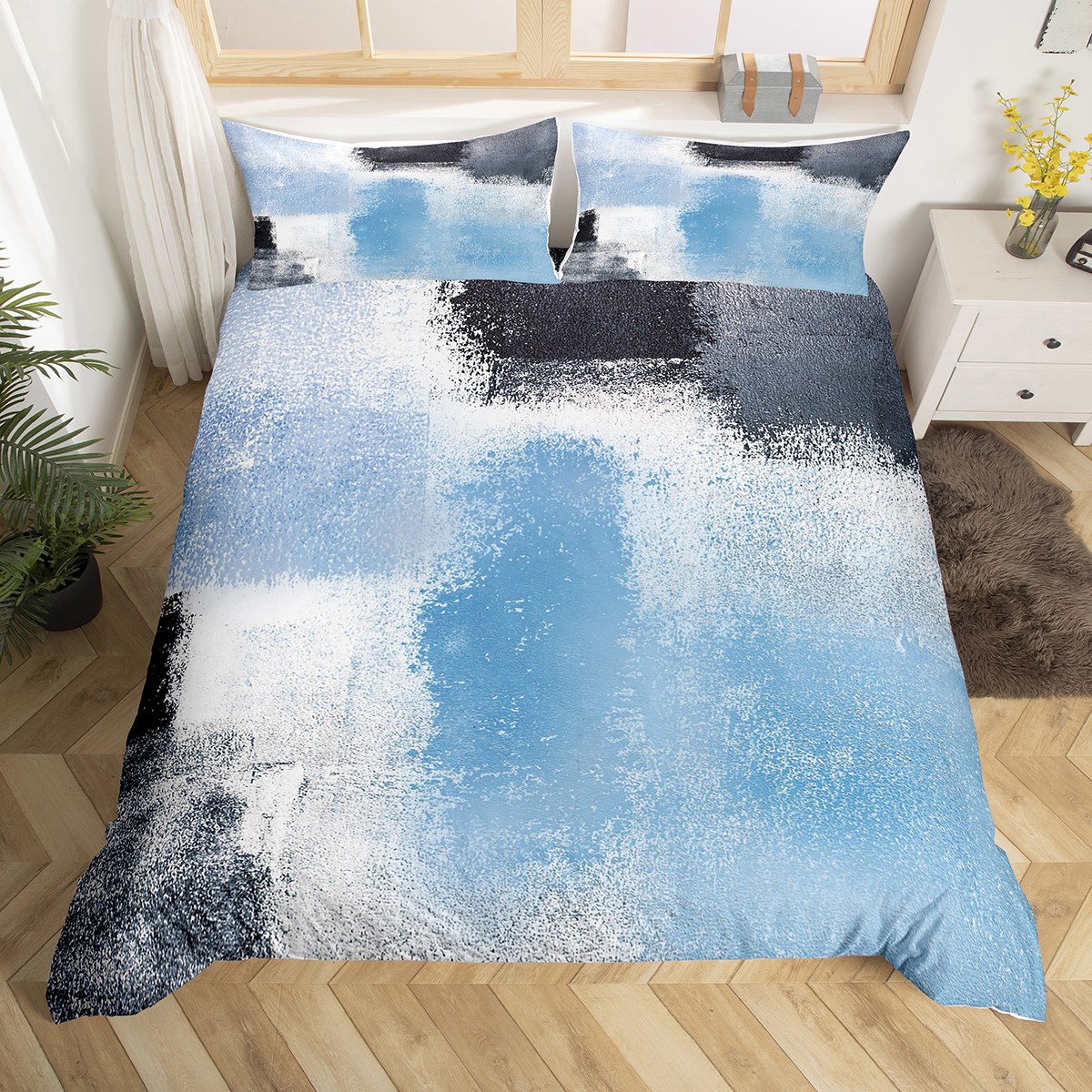 Navy Blue Ombre Comforter Cover White Gradient Bed Set, Grunge