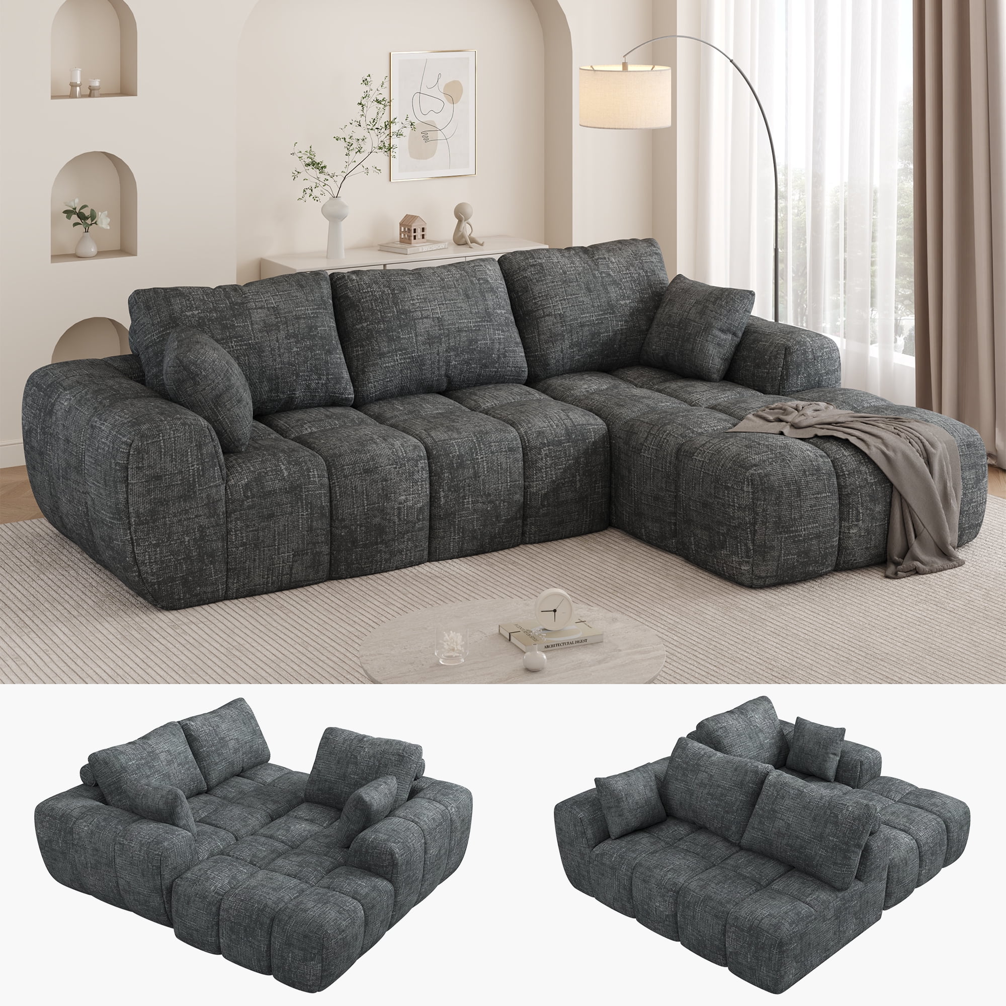 IDEALSOUL Sectional Sofa, 101" L-Shaped Modular Cloud Couch,Unique Chenille Fabric Couches and Sofas,Compression Sofa No Assembly Required(Deep Gray)