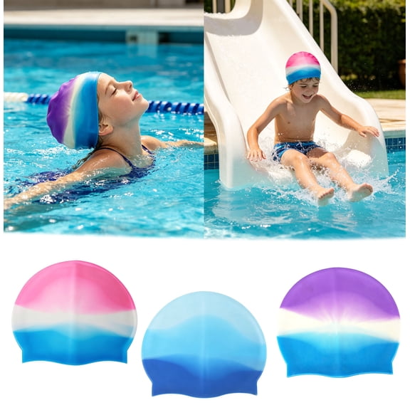 Gradient Silicone Swim Cap, Waterproof Comfortable Swimming Cap for Kids, Stretchable Non- Bathing Cap with Ear Protection, Durable Swim Hat for Pool, Beach, Water Sports, Multiple Color Options