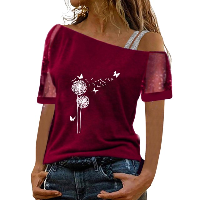 Gibobby Camiseta de manga corta para mujer Mujeres Impreso Hombro Tops Sexy Glitter Camisa de manga corta Blusa Tops(Vino,XL)