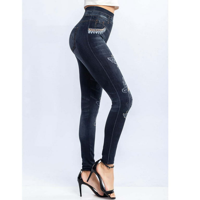 XFLWAM Fleece Lined Jean Look Leggings Jeggings for Women High Waist Tummy  Control with Back Pockets, Denim Print Fake Jean Dark Blue M 