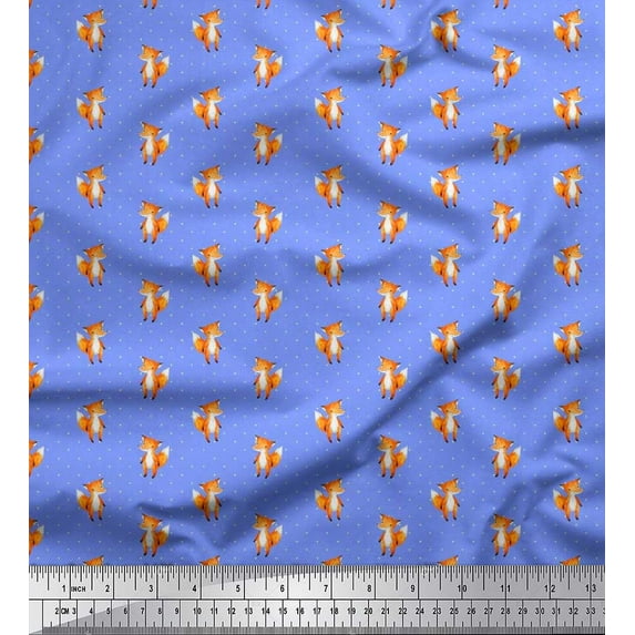 Soimoi Silk Fabric Dot & Fox Cartoon Print Fabric by the Yard 42 Inch Wide