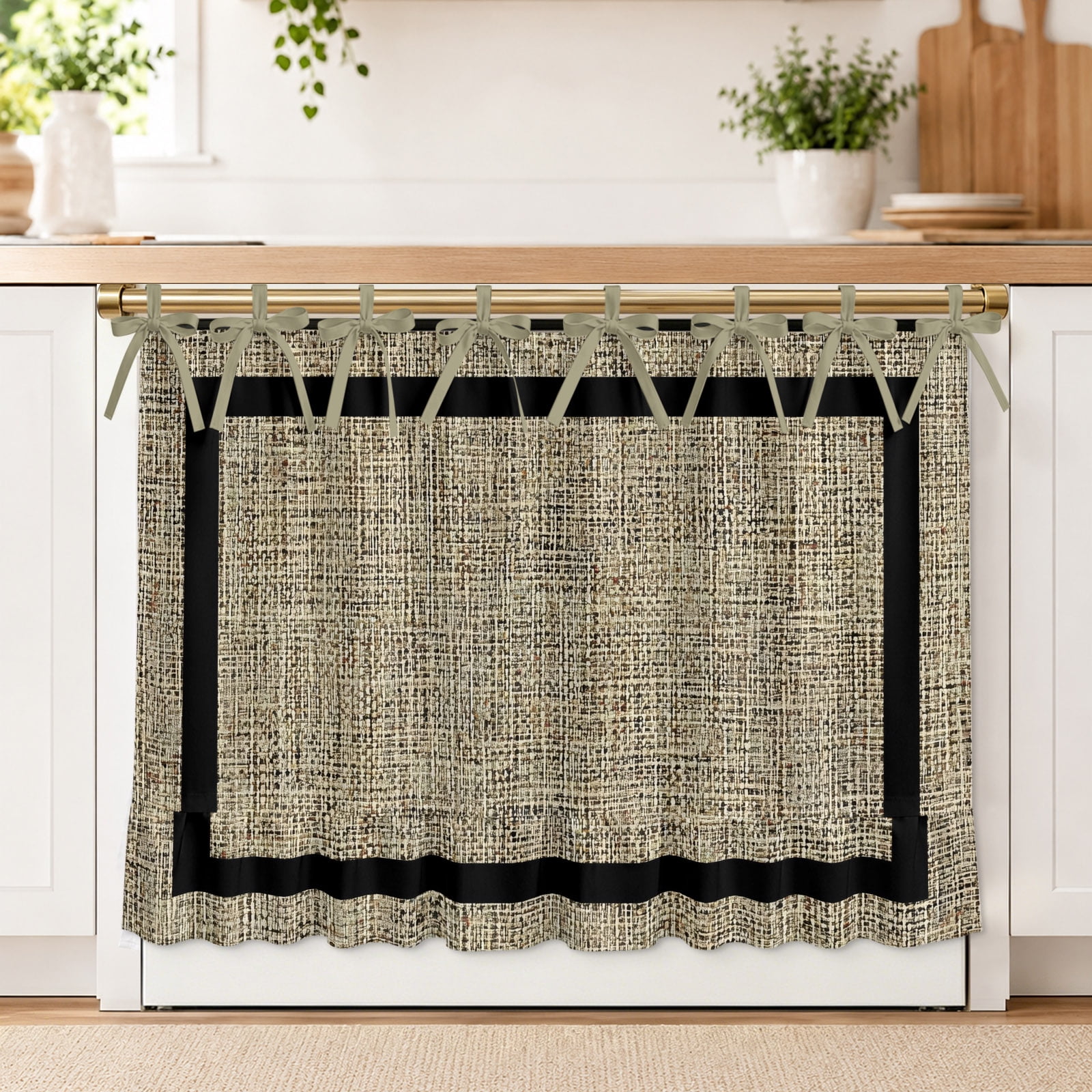 Black Border Oven Skirt Curtain for Kitchen Decor 32 x 24 Inch Farmhouse Burlap Weave Texture Beige Ruffle Oven Door Cover with Ties Decorative Oven Skirt for Dishwasher Stove Cabinet