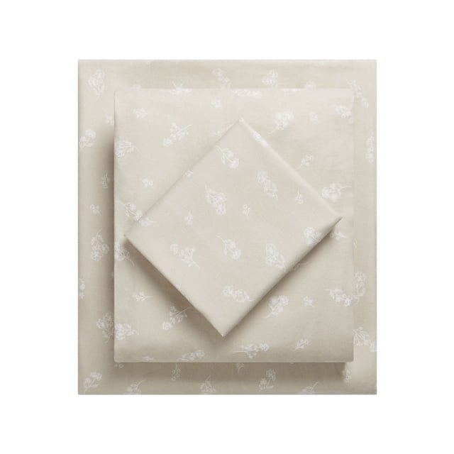 HOMETRENDS 3-piece Inverness twin flannel sheet set in beige with white botanical floral print.