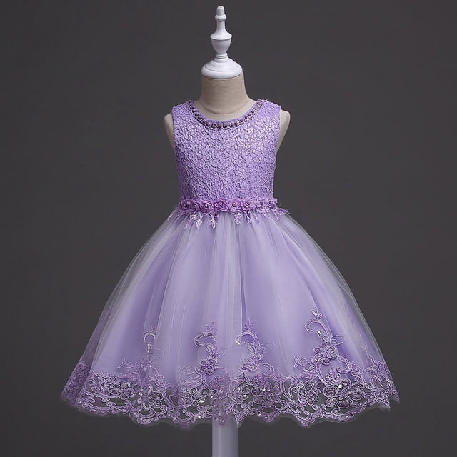Vestido de encaje con cuentas para niñas Vestido de princesa con flores para niñas grandes Vestido de tutú con flores de ganchillo y lentejuelas para niñas