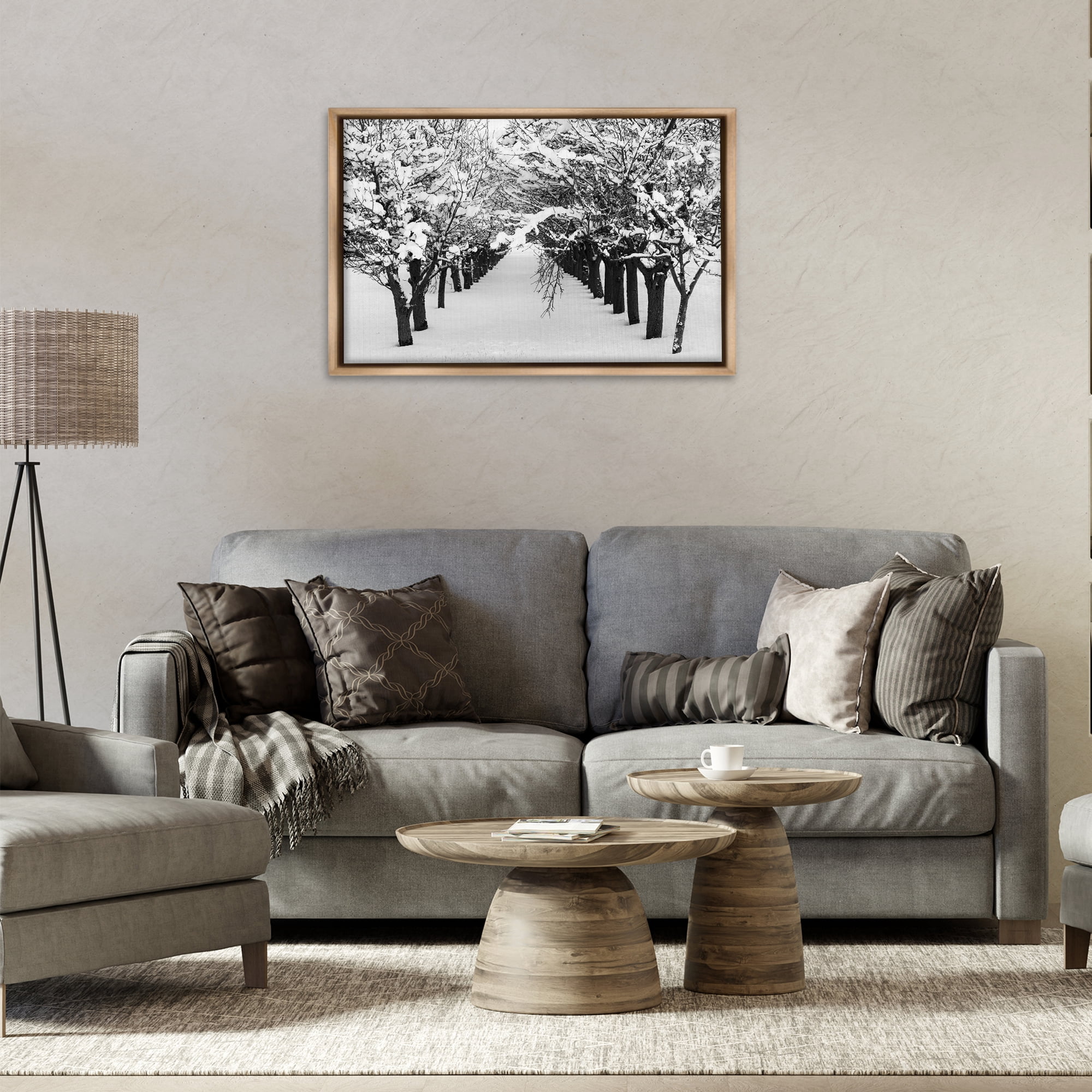 Stupell Industries Winter Tree Pathway Landscape & Nature Photography Brown Floater Framed Canvas Art Print Wall Art, 31 x 21