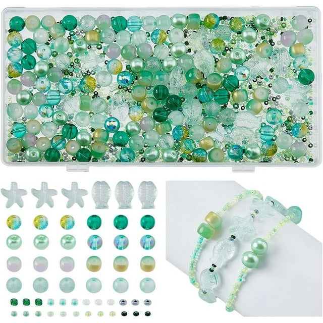 750-1050 Pcs Perles en Verre Assorties Perles en Verre Série Vert Clair Perles de Rocaille en Verre Étoile de Mer Ronde Perles pour Fabrication de Bijoux DIY Trou : 0.8-1.2mm