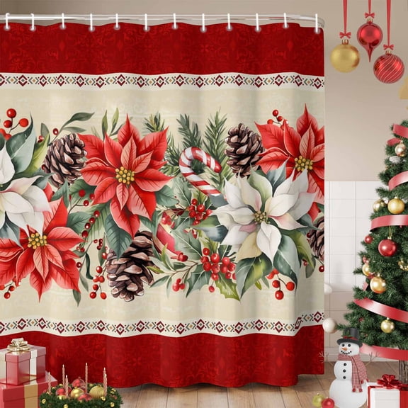Christmas Poinsettia Shower Curtain, Red Xmas Flowers Botanical Winter Waterproof Fabric Shower Curtains with 12 Hooks, Bathroom Curtain Set for Bathroom Accessories Decor, 72 x 72 Inches