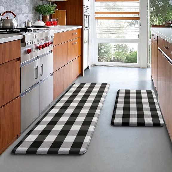 Cushioned Kitchen Mats for Floor,Anti Fatigue Buffalo Plaid Mat 2PC | Black and White Checkered Rug,Comfort Standing Mats,Farmhouse Non Slip Waterproof Easy Clean,Office,Sink,Laundry Room