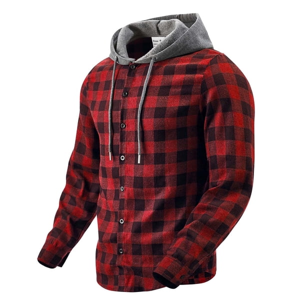 Ceisia Men's Regular-Fit Hooded Plaid Cotton Shirt Multi-Pattern for Winter Gift