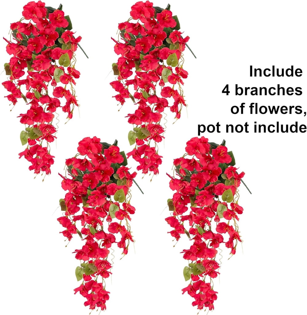 Duslogis 4 Pcs Artificial Hanging Flowers Plants for Outdoors Spring Summer Decoration, Fake Hibiscus Vines UV Resistance Realistic Silk Flowers for Outside Home Patio Porch Garden Wedding,Red