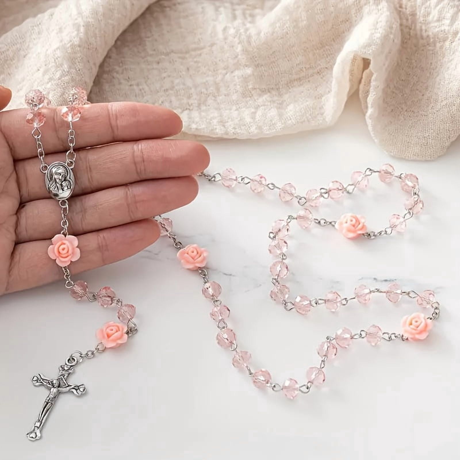 Catholic Rosary Beads Necklace for Women Crystal Beads Flowers Necklace Rosaries Prayer Gifts with Organza Bags for First Communion Confirmation Christmas Baptism Favors