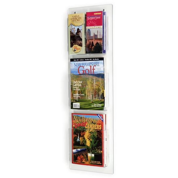 Wall Mounted Literature Rack 11.125” x 35.25” x 4” Clear Acrylic Magazine Display – Lucite Brochure Organizer Has Three Separate Pockets with Dividers (RP3CLR)