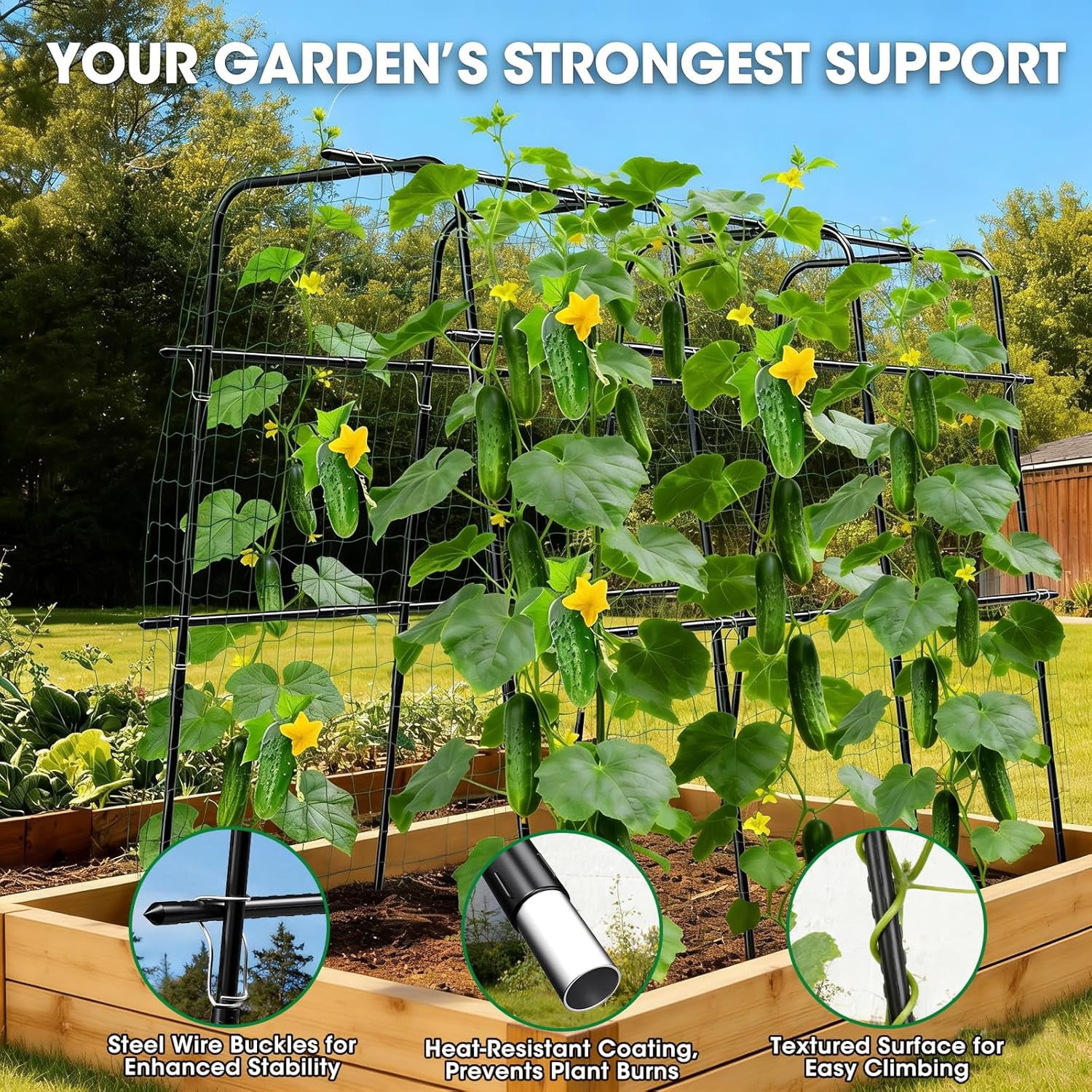 MQHUAYU 4-Arc Cucumber Trellis for Climbing Plants, 47" x 63" ULarge Garden Support with Steel Wire Clips, Rust-Proof Powder-Coated Frame for Cucumbers, Peas, Tomatoes, Beans (Black)