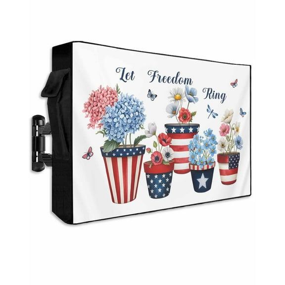 Independence Day Outdoor TV Cover 70 to 75 Inch Weatherproof, American Flag Flowers Butterfly 600D Oxford TV Covers with Waterproof Zipper, Outside Flat TV Screen Protector Size 68"W x 42"H x 4.5"D