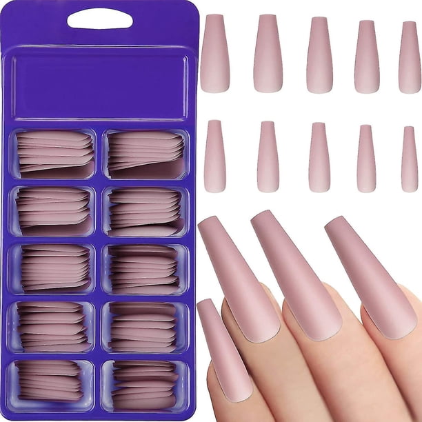 100 piezas mate extralarga bailarina prensa en uñas ataúd uñas postizas color sólido cubierta completa uñas postizas mate ataúd uñas postizas con caja para mujeres
