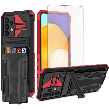 Phone Case for Samsung Galaxy A52/A52S 5G with Tempered Glass Screen Protector Cover and Slim Credit Card Holder Stand Cell Accessories Glaxay A 52 S 4G G5 Gaxaly 52A S52 52S Women Men Red