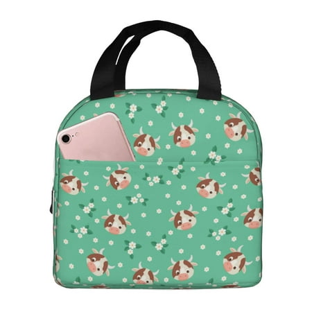 Insulated Lunch Bag for Women Men - Cartoon Cute Cow Head Flower Leakproof Cooler Lunch Box for Women Men  Lunch Tote Bags for Work School Picnic Travel