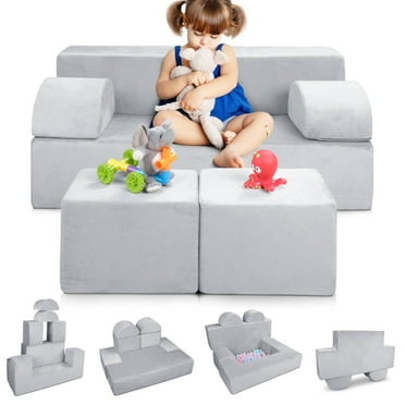 Kids Play Couch, 6Pcs Modular Kids Play Sofa for Playroom Bedroom, Kids Modular Couch Toddler Foam Sofa, Kids Convertible Sofa with Removable Cover, Grey