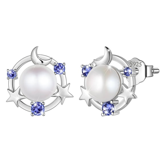Beautlace 925 Sterling Silver Moon Star Stud Earrings, Natural Pearl Birthstone Earrings Jewelry,Birthday Christmas Anniversary Gift for Women/Mom/Wife
